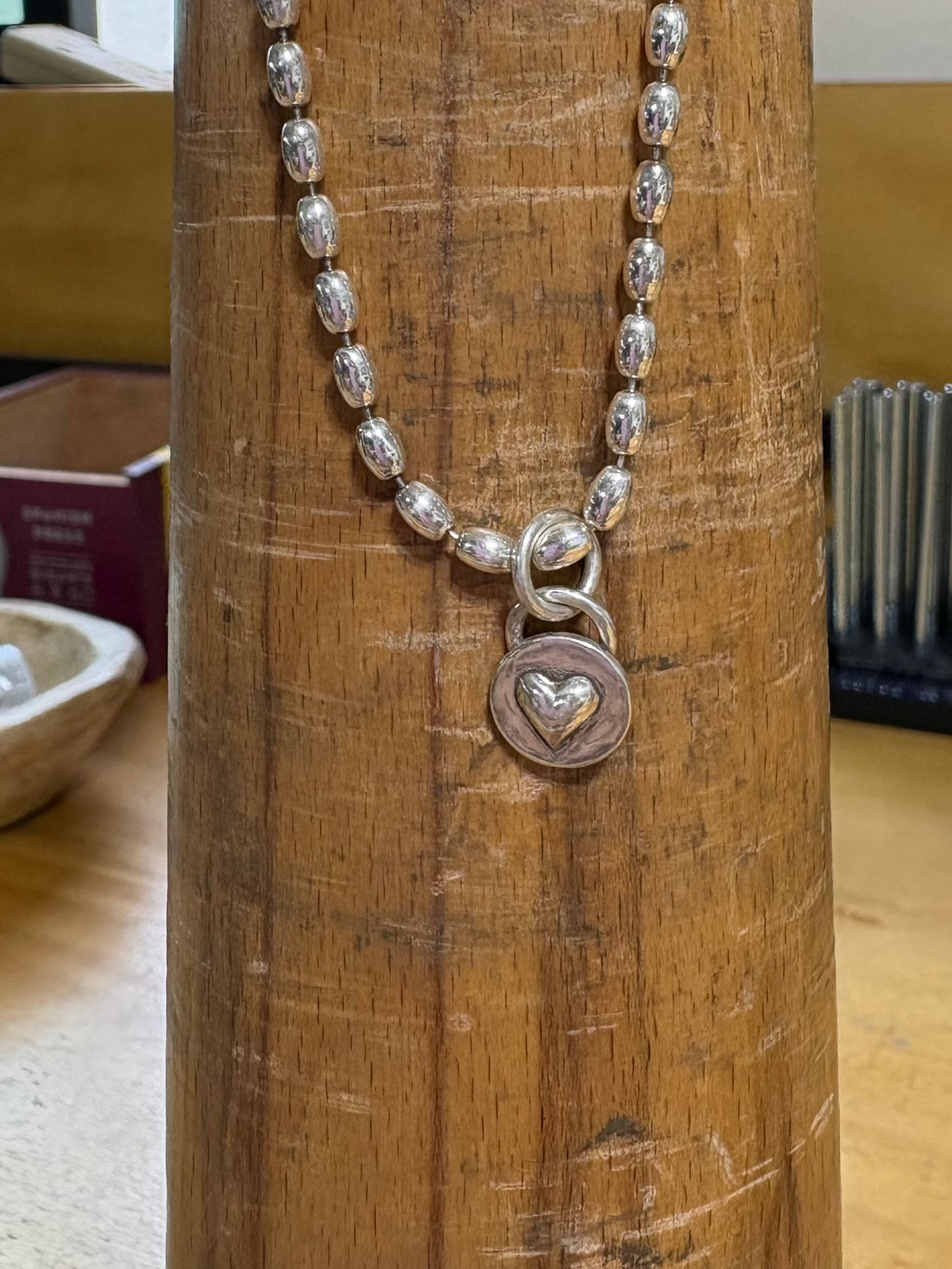 Heart Charm Sterling Necklace on 14" Rice Bead Chain